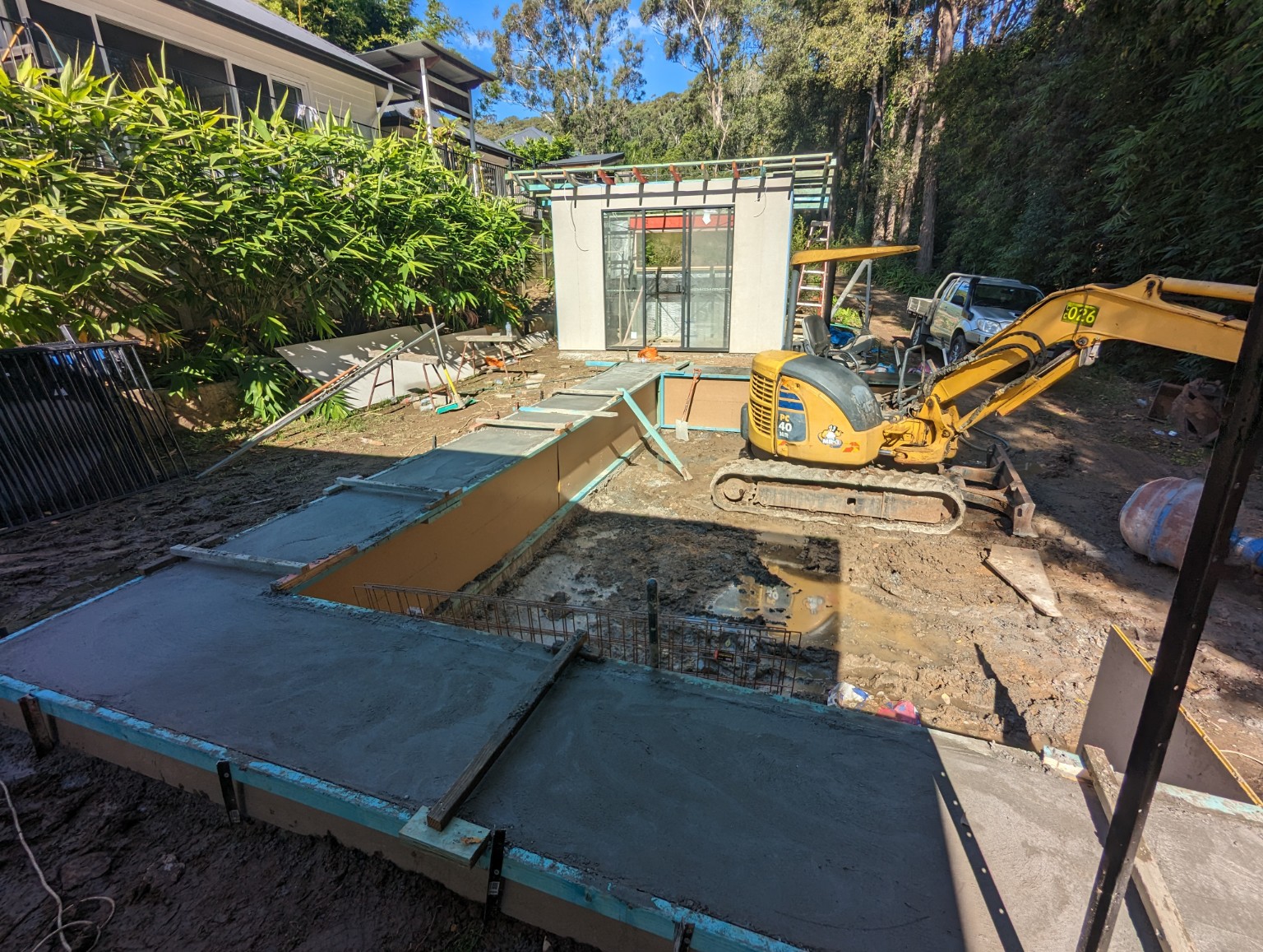 Lisarow portable office construction with glazed entry, external cladding and surrounding site works