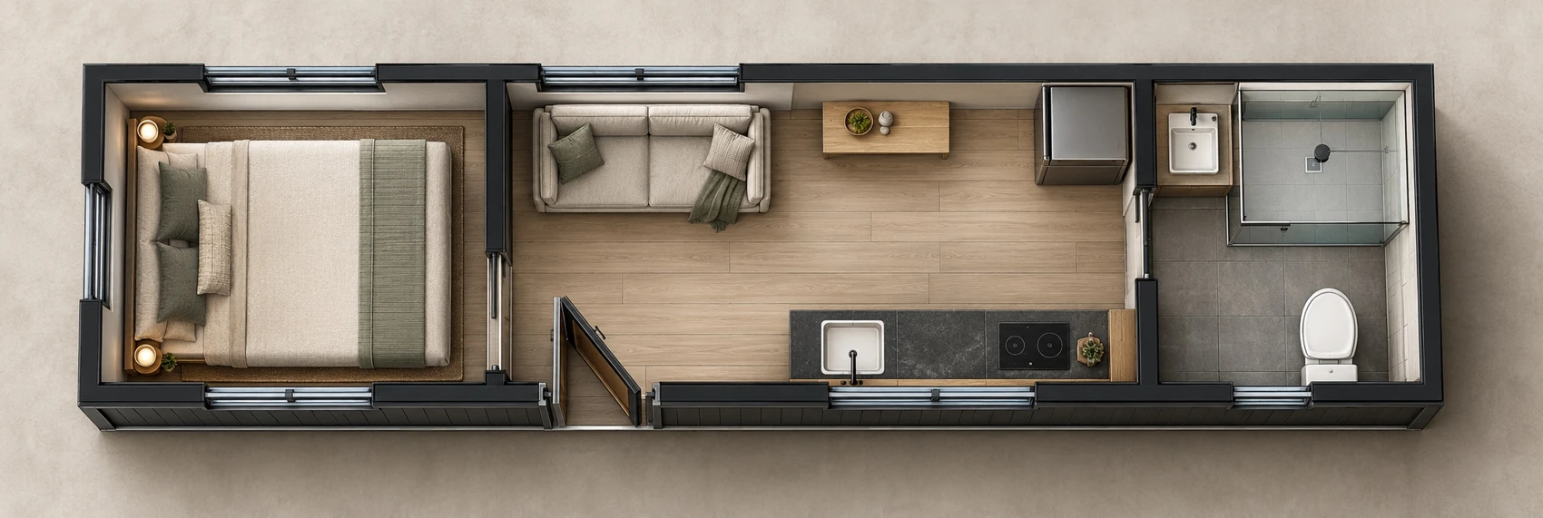 Modern Escape furnished overhead layout visualisation